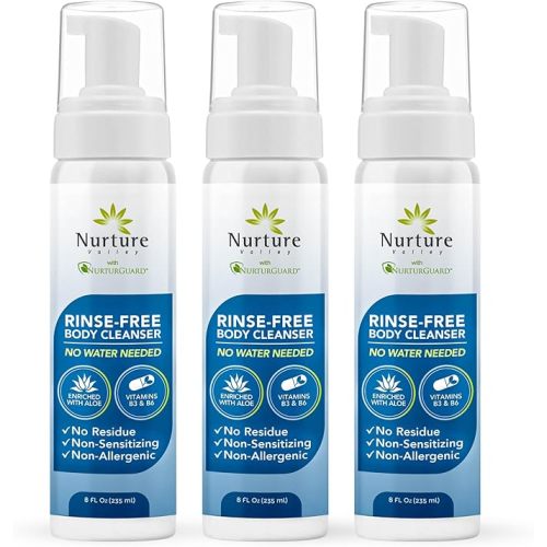 Nurture Rinse Free Foaming Cleanser | Waterless Shower & Bath Wash w/Aloe for Sensitive Dry Skin | Women, Camping, Elderly & Hospital Patients | Perineal Cleansing Foam, Hand & Body Soap 3 Pk