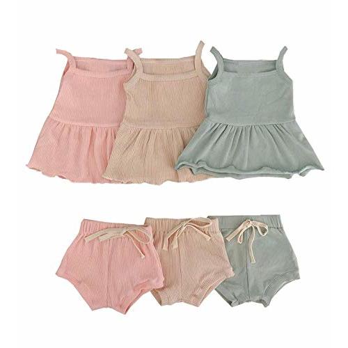 2PCS Newborn Baby Girls Summer Shorts Clothes Ruffle Dress Top Strap Sleeveless Shirt + Cotton Shorts Ribbed Outfits (Pink, 0-6M)