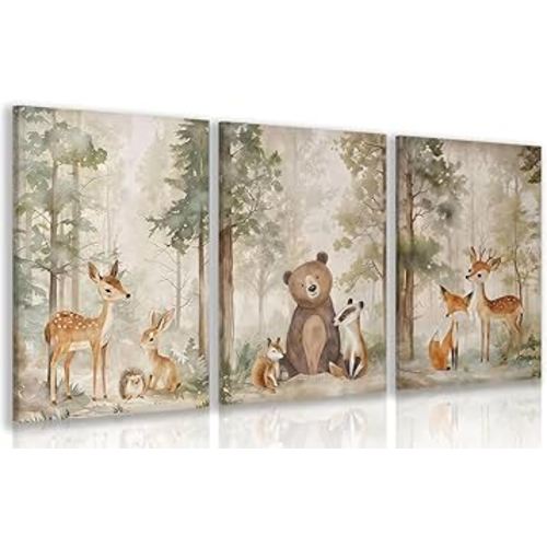 LLEEMPI Framed Woodland Nursery Wall Decor Set of 3, Cute Forest Animal Wall Art, Bear Fox Deer Watercolor Canvas Prints, Vintage Nature Poster Prints for Kids Bedroom Bathroom Playroom 12x16 Inch