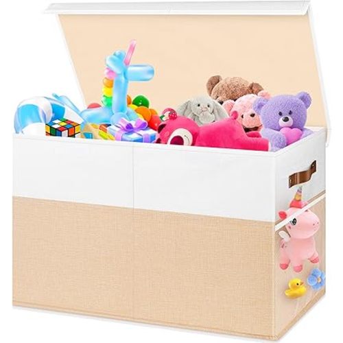 Mabahoo Large Toy Box, Collapsible Sturdy Storage Chest With Lids, Kids Toy Chest Storage Organizer Toddler Bin Boxes for Living Room, Bedroom, Nursery, 25"x13"x16", Beige & White