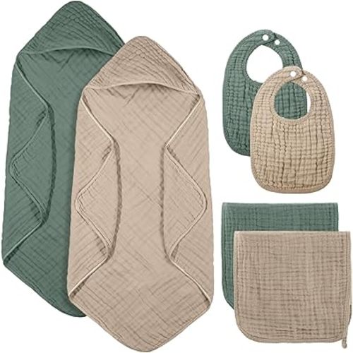 6 Pcs Muslin Hooded Bath Towels Washcloths and Bibs Set, Muslin Cotton Baby Towels Absorbent Hooded Blanket Towel Infant Bibs for Boys Girls Newborn Infant Essential(Dark Green, Beige)