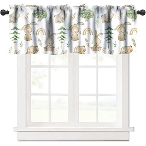 Cute Rabbit Window Valance, Cartoon Bunny Rustic Woodland Animals Green Trees Leaves Print Blackout Short Window Curtain Treatment for Nursery Kids Toddler Baby Bedroom, 54x18inch