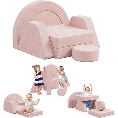 HedoAjim 7 PCS Modular Kids Play Block Sofa Child Couch Toddler Building Fortplay Bedroom Playroom Baby Convertible Floor Foam Cushion for Boys & Girls(Pink-Single)