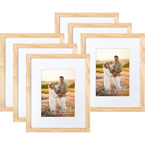 8x10 Picture Frame OAK Solid Wood Photo Frame Set of 6 with Real Glass for Desktop and Home Decor