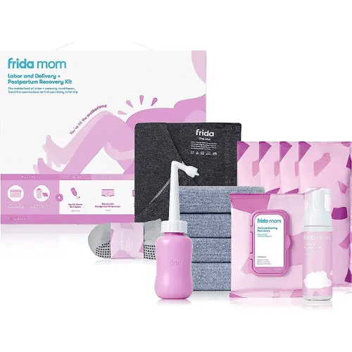 Frida Mom Hospital Packing Kit for Labor, Delivery, & Postpartum | Nursing Gown, Socks, Peri Bottle, Disposable Underwear, Ice Maxi Pads, Pad Liners, Perineal Foam, Toiletry Bag (15 PIECE GIFT SET)