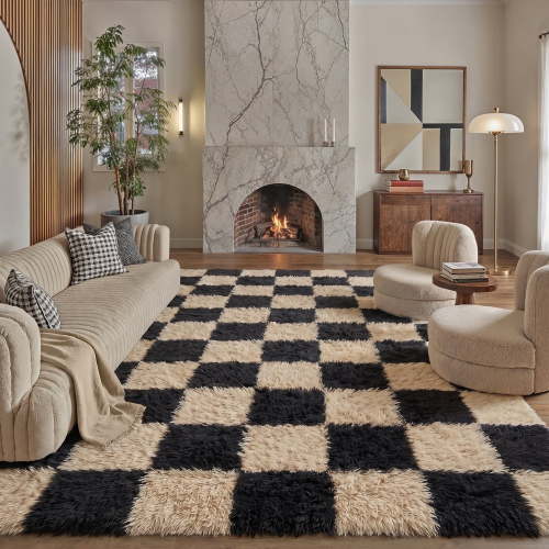 BERTHMEER 5'x8' Shag Area Rugs for Living Room Bedroom Dining Room Laundry Office Modern Checkered Geometric Contemporary Plush Soft Fuzzy Fluffy Washable Carpets, Black Brown