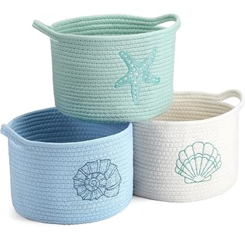 Vesici 3 Pcs Coastal Seashell Starfish Woven Baskets Blue White Green Beach Small Cotton Rope Storage Basket 9.7'' x 7.1'' Laundry Organizer with Handles for Toys Clothes Organization Nursery Bedroom