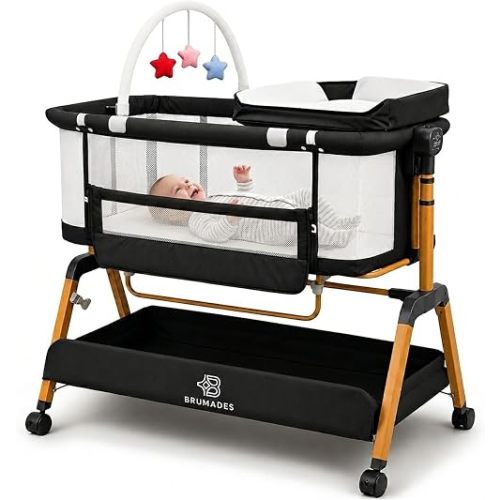 Baby Bassinet Bedside Sleeper 3-in-1 Multifunctional Design, 6 Adjustable Heights, Breathable Mesh Sides, Comfortable Mattress, with Extra Diaper Bed - Mosquito Net and Toy ASTM Certified, Gray