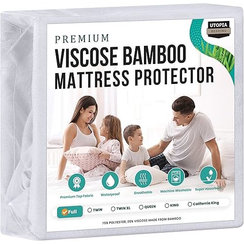 Utopia Bedding Premium Waterproof Mattress Protector Full Size, Viscose Made from Bamboo Mattress Cover, Breathable, Fitted Style with Stretchable Pockets (White)