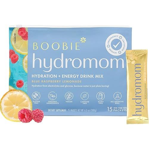 Boobie Hydromom Superfood Electrolyte Drink Mix, Blue Raspberry Lemonade | Refreshing Energy & Hydration Boost for Mamas | On-The-Go & Travel Essentials for Pregnancy, Lactation, & Beyond, 15 Packets