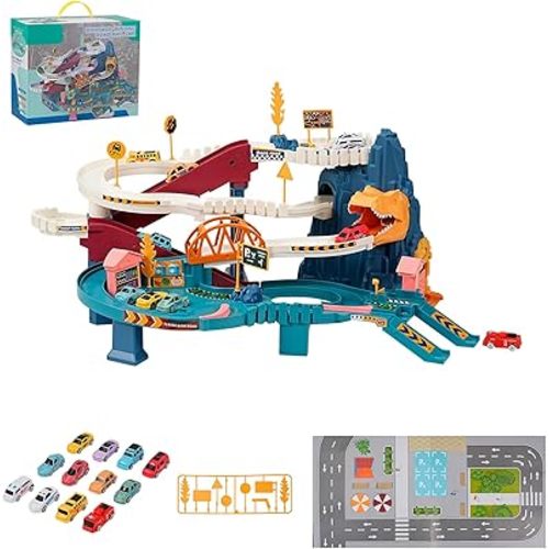 Toy Car Ramp Track, Climbing Hills Railcar Colorful Vehicles Construction Play Set with 12 Mini Racer Cars for Kids 3+(Dinosaur)