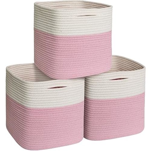 11x11 Cube Storage Bin - 3 Pack Woven Storage Cubes Organizer, 11 Inch Cotton Rope Baskets for Organizing, Decorative Square Shelf Baskets Closet Bins, Toy Boxes for Girls, Pink Room Decor