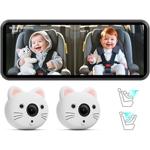 Baby Car Camera for 2 Kids – 6.9” IPS Split-Screen Monitor with Dual 1080P HD Rear-Facing Car Seat Cameras, Cute Replaceable Cat Covers, Night Vision, Type-C Power, Easy Install for Twins or Siblings