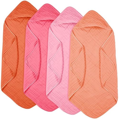Peryiter 4 Pcs Muslin Hooded Baby Towels 32 x 32 Inch Cotton Newborn Bath Essentials Muslin Infant Blankets Absorbent Registry Gifts for Girl Boy Kids Baby Shower (Rainbow Colors)