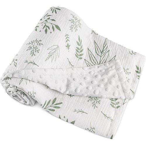 GLLQUEN BABY Blankets for Unisex Boys Girls, Muslin Cotton Front Soft and Breathable, and Dotted Fleece Backing, Printed Bed Nursery Minky Blankets for Toddler Newborn, Greenery, 30 x 40 inches