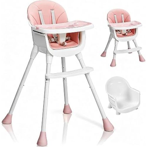 Ktaxon 3-in-1 Baby High Chair, Portable Adjustable Height Highchair with Removable Dual-Layer Tray, 5-Point Safety Harness and Footrest for Toddlers & Babies, Pink