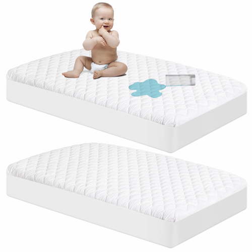 Ntbay 2 Pack Quilted Toddler Waterproof Fitted Sheets, Ultra Soft Breathable Crib Mattress Protectors with Deep Pocket, 28" x 52", White