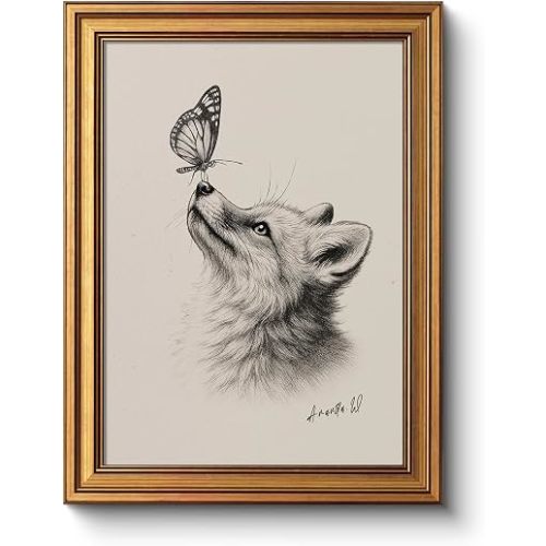 Vintage Fox and Butterfly Gold Framed Illustration Sketch Wall Art 12x16