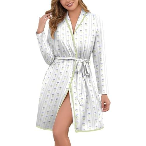 Robes for Women Print Long Sleeve Kimono Bath Robe Lightweight House Coat Bathrobe Loungewear with Pockets