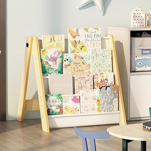 NACHES 4-Tier Foldable Kids Bookshelf, Large Capacity Montessori Sling Bookcase with 4 Deep Fabric Pockets, Magazine and Book Storage Rack for Nursery, Kids Room, Bedroom, Playroom (Burlywood)