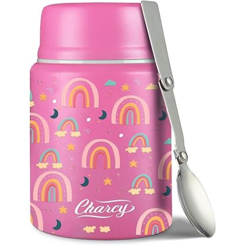 Charcy 17oz Thermo for Hot Food, Soup Thermo Food Container for Lunch Box with Folding Spoon ZB - Pink Rainbow