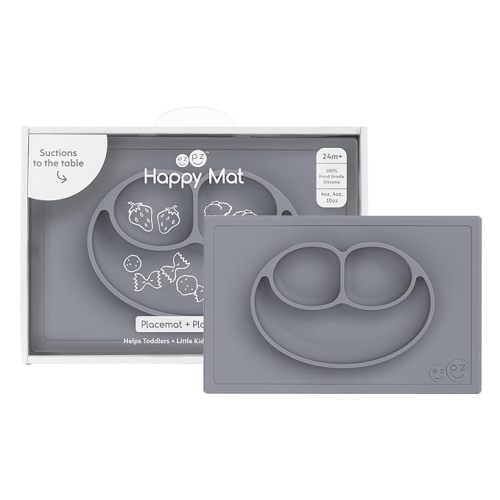 ezpz Happy Mat (Gray) - 24 Months+ - 100% Silicone Suction Placemat + Divided Plate with Three Compartments - Toddler + Preschool Essentials