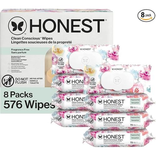The Honest Company Baby Wipes for Sensitive Skin, Hypoallergenic, Fragrance-Free, Multi-Use, Rose Blossom Design, 576 Count (6 Packs of 96)