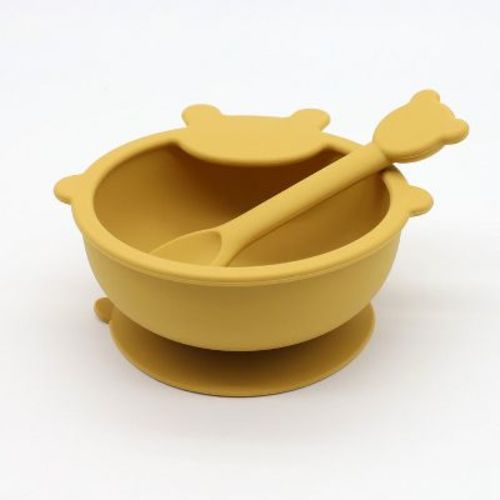 MyKids-USA Baby Cartoon Bear Shape Complementary Food Training Silicone Bowl With Spoon Sets