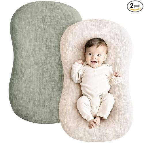 Konssy Muslin Baby Lounger Cover 2 Pack, 100% Cotton Newborn Lounger Cover, Soft and Breathable Lounger Cover for Boys Girls, Covers Only (Fog Green,Cream)