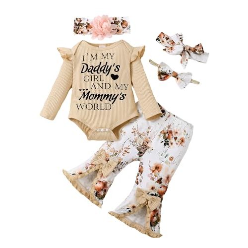 SUNNY PIGGY Newborn Baby Girl Clothes Infant Outfits Romper Floral Fall Outfit Bell Bottoms Pant Sets Hat Headband Flowerpant