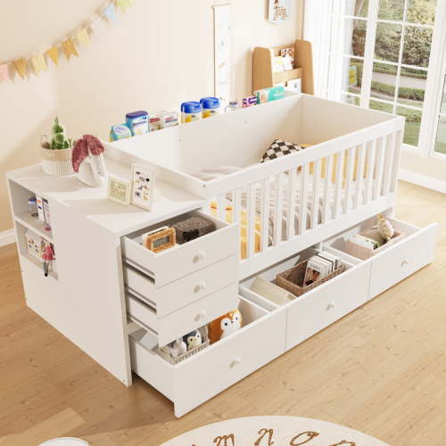ChenyueFurn 2-in-1 Convertible Crib to Daybed, Changing Table, Drawers & Safety Rails,White
