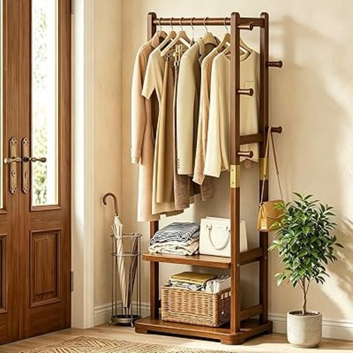 Taitiy Coat Rack Solid Wood Clothes Rack with 2 Shelves & 5 Hooks for Hanging Clothes Garment Wallets Hats, Clothing Rack Coat Rack Freestanding Hall Tree with Storage for Hallway Bedroom Living Room