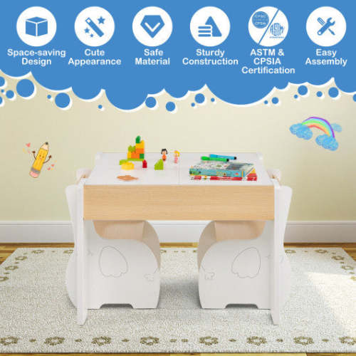 COSTWAY 4-in-1 Wooden Activity Kids Table and Chairs With Storage and Detachable Blackboard-White
