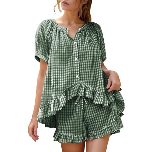 Flygo Womens Gingham Pajamas Set 2 Piece Cotton Pj Lounge Sets Puff Sleeve Ruffle Babydoll Shirt Shorts Summer Outfits