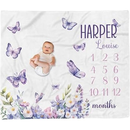 Personalized Butterfly Milestone Blanket, Babys Girl Milestone Throw, Baby Month Blankets, First Year Babys Growth Blankets, Newborn Girl Baby Age Blanket