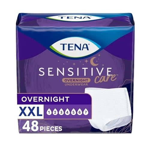 TENA Sensitive Care Overnight Incontinence Underwear for Women, Adult diapers, XX-Large (Waist Sizes 47in–66in), Better Fit, 48 Count (4 packs of 12)