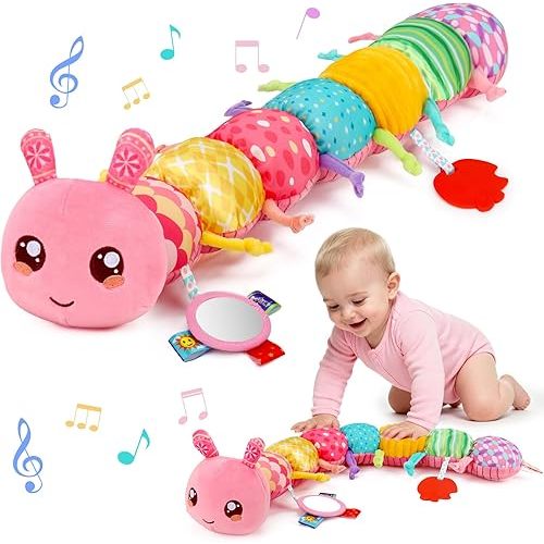 Baby Girls Toys 0-6 Month Music Animal Stuffed Caterpillar Toy for Infant 0-3 3-6 Months with Mirror Crinkle Rattle Tummy Time Sensory Toys for 3 4 5 6-12 Month Old Newborn Baby Shower Birthday Gifts