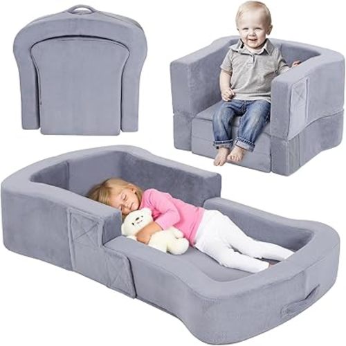 Portable Toddler Travel Bed, 2-in-1 Foldable Toddler Bed Sofa Chair, Soft Baby Kids Travel Floor Cot with Washable Covers Safety Foam Raised Bumper for Grandma's House Road Trips Camping Hotel