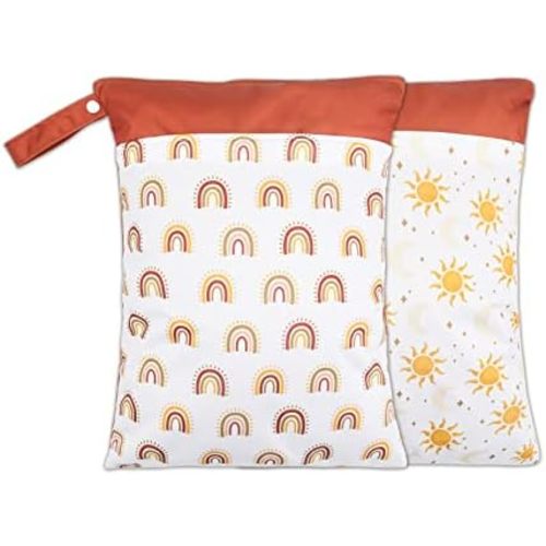 2 Pack Wet Dry Bags for Baby Cloth Diapers&Breast Pump Parts, Waterproof Reusable Wet Bag with Two Zippered Pockets & Handle, Beach Pool Gym Bag Stroller Yoga Toiletries Daycare Organizer for Swimsuit Wet Clothes, 11.8 inch x 15.7inch