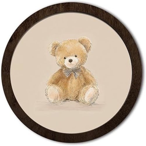 DDYGZYW Kids Room Decor,Bear Nursery Framed Wall Art,Cute Bear Gender Neutral Nursery Round Wooden Wall Art Decor for Kids Boys Girls Toddler Bedroom Room Playroom, 9.8x9.8 Inch