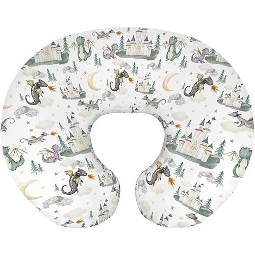 Baby Boy Girl Nursing Pillow Cover Dragon Tale Castle, Watercolor Green Moon Clouds Stars Tree Breastfeeding Pillowcase, Bottle Feeding Pillow Slipcover Cover Only White One Size