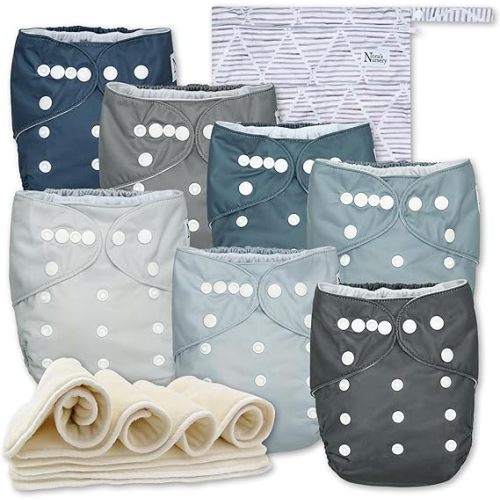 Nora's Nursery Cloth Diapers 7 Pack with 7 Inserts & 1 Wet Bag - Waterproof Cover, Washable, Reusable & One Size Adjustable Pocket Diapers for Newborns and Toddlers - Out to Sea