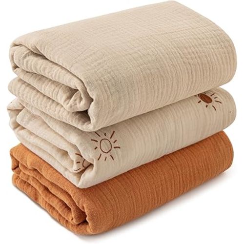 Muslin Swaddle Blankets for Newborn, 3 Pack Breathable Soft Receiving Blanket, Large 38 x 40 inches Swaddle Wrap Burping Clothes, Essentials Infant Shower Items, Toddler Gift (Elegant Colors)