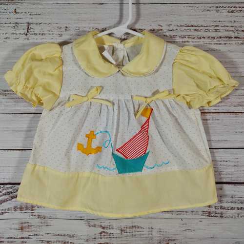 Vintage Baby Dress Shirt / Yellow White Dress / Retro Sailboat Toddler Dress / 12 Months 12M