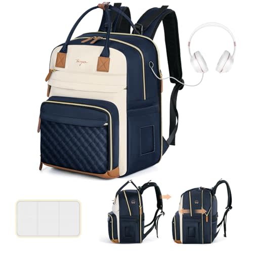 Tonyeee Diaper Bag Backpack - Extra Large Diaper Bag for 2 Kids Twin, Travel Baby Bags for Mom Dad 25-37L Expandable with Changing Pad Earphone Hole, Apricot Blue