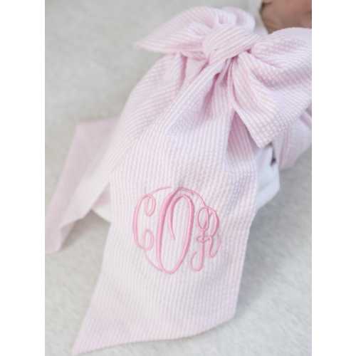 Monogrammed Newborn Infant Baby Seersucker Bow Sash Blanket, Maternity Photography Prop, Monogrammed Newborn Wrap, Baby Photo Prop, Big Bow