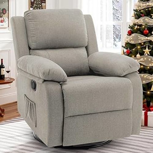 Recliner Chair, 360 Swivel Rocker Chair for Adults, Small Rocking Recliner for Small Spaces, Upholstered Fabric Glider Recliner Nursery (Swivel Rocker Recliner, Light Khaki)