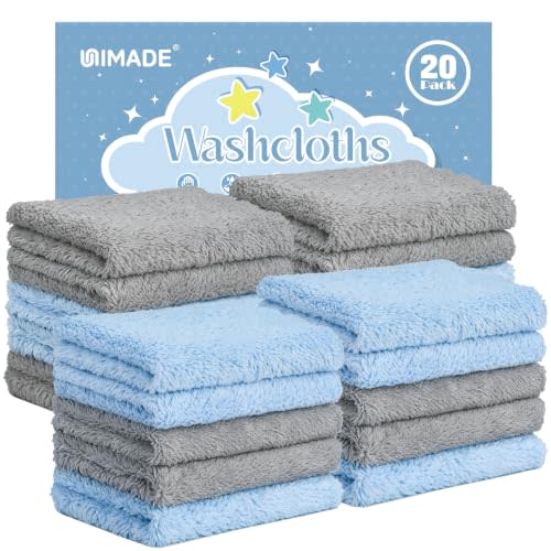 UNIMADE Baby Washcloths, 20 Pack Microfiber Coral Fleece Wash Cloths | Absorbent Baby Towels for Newborns, Infants and Toddlers, Gentle on Sensitive Skin for Face and Body - 7" × 9", Blue&Grey