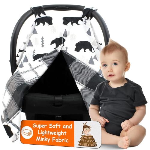 Dear Baby Gear Car Seat Cover for Boys & Girls - Baby Carseat Canopy w/Snap Opening - Infant Seat Cover - Stroller & Nursing Covers - Newborn Carrier Canopy - 40x30 (Black Bears, Black & Grey Plaid)