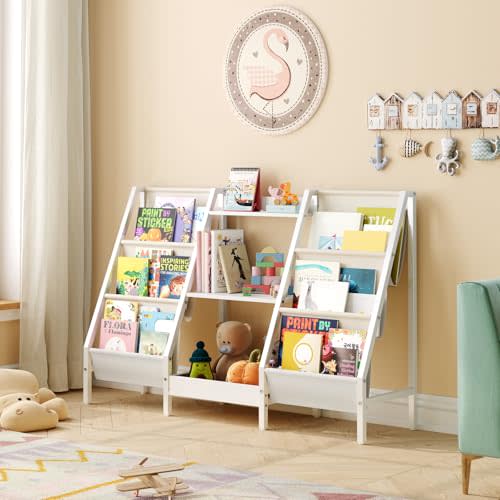 MAHANCRIS Kids Bookshelf and Toy Organizer, 3-Tier Bookshelf for Kids | Sturdy Kid Bookcase with Storage, Toddler Book Shelf for Kids Room, Playroom, Bedroom, Nursery, White